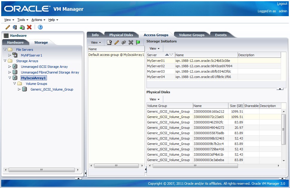 This figure shows the Storage tab in Hardware view with the Access Groups tab displayed.