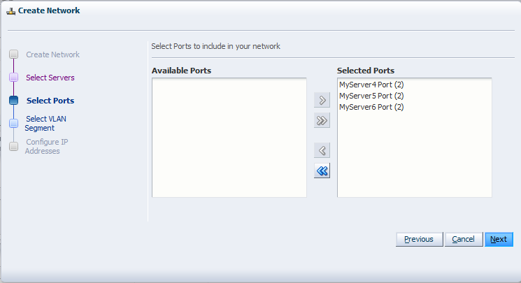 This figure shows the Select Ports step in the Create Network dialog box.