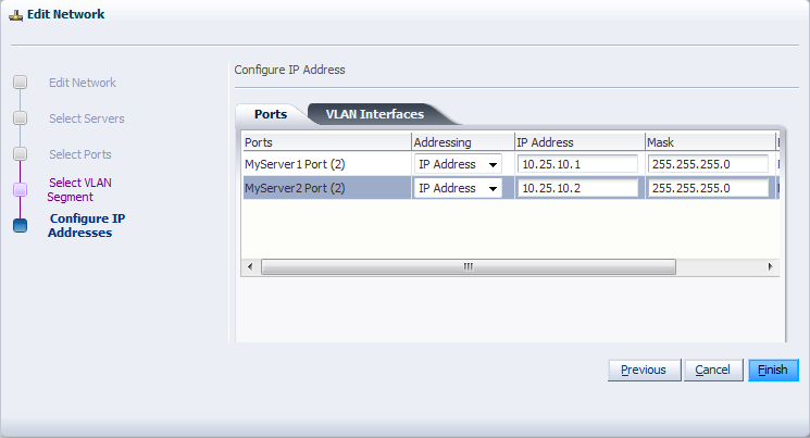 This figure shows the Ports tab in the Configure IP Addresses step in the Create Network dialog box.