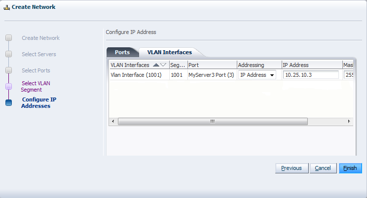This figure shows the VLAN Interfaces tab in the Configure IP Addresses step in the Create Network dialog box.