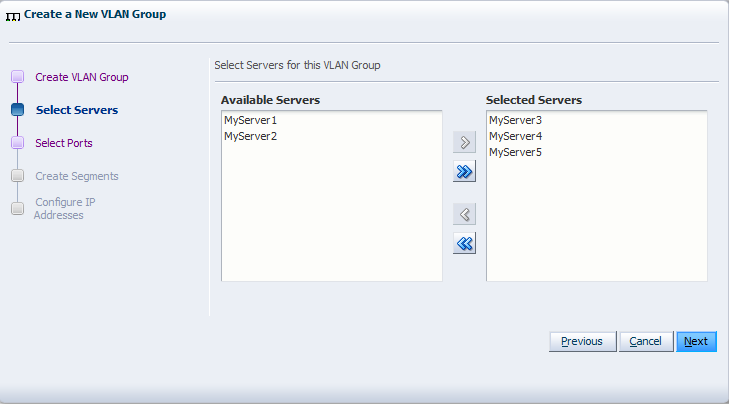This figure shows the Select Servers step in the Create New VLAN Group dialog box.