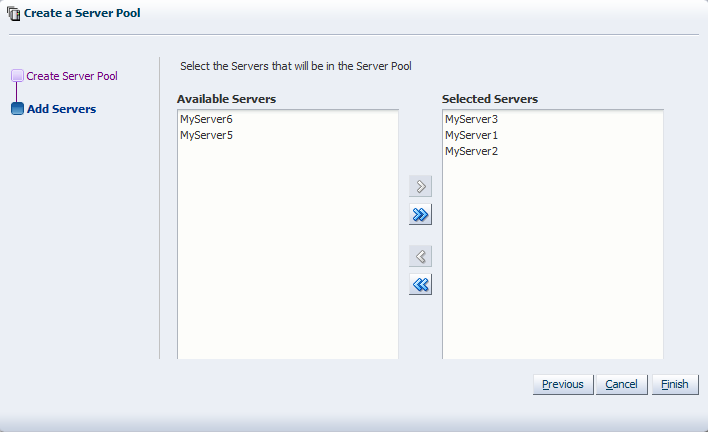 This figure shows the Add Servers step in the Create a Server Pool wizard.