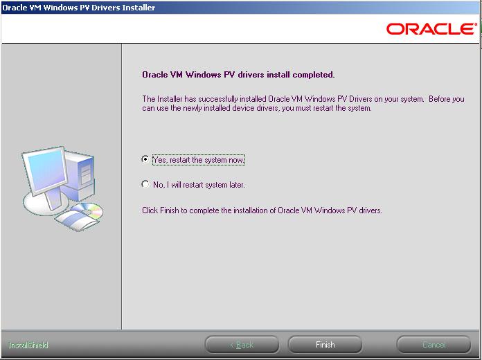 This figure shows the Installation complete window. Options on this window are: Yes, restart the system now and No, I will restart system later.