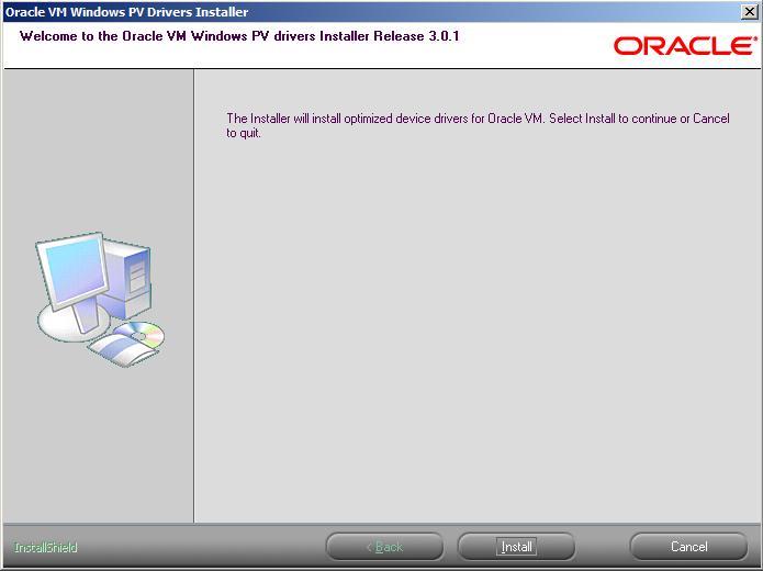 This figure shows the Start Install window. The buttons available are Back, Install and Cancel.