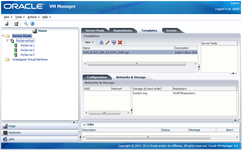 This figure shows the Home view with the Server Pools folder selected, the Templates tab displayed.