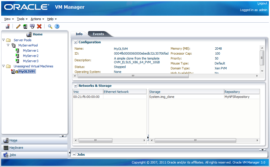 This figure shows the Home view with the Unassigned Virtual Machines folder selected and the Info tab displayed.