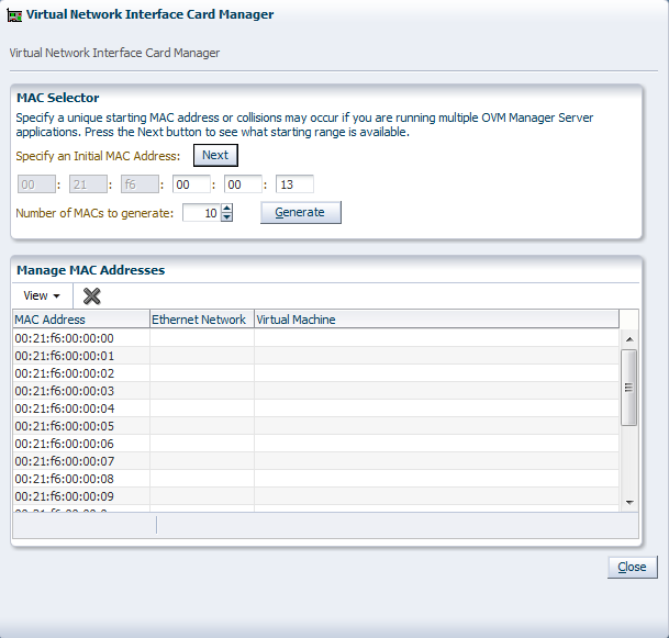 This figure shows the Virtual Network Interface Card Manager dialog box.