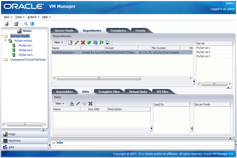 This figure shows the Home view with the Server Pools folder selected and the Repositories and ISO tabs displayed.