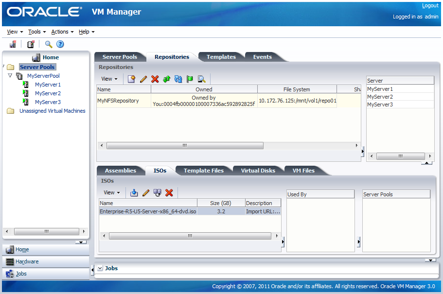This figure shows the Home view with the Server Pools folder selected and the Repositories and ISOs tabs displayed.