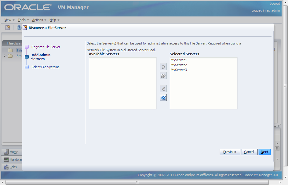 This figure shows the Discover a File Servers wizard, Add Admin Servers dialog box.