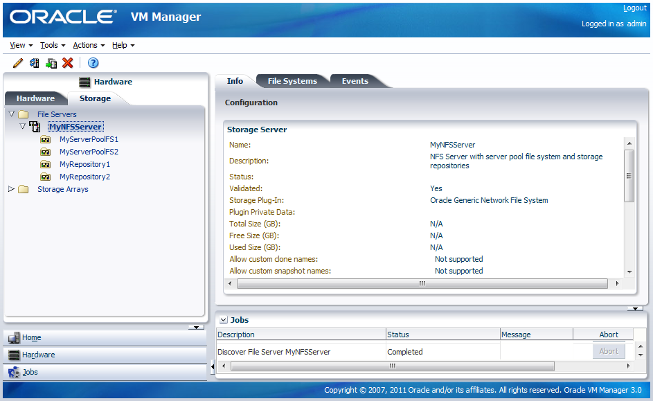 This figure shows the Hardware view with the File Servers folder selected and the Info tab displayed.