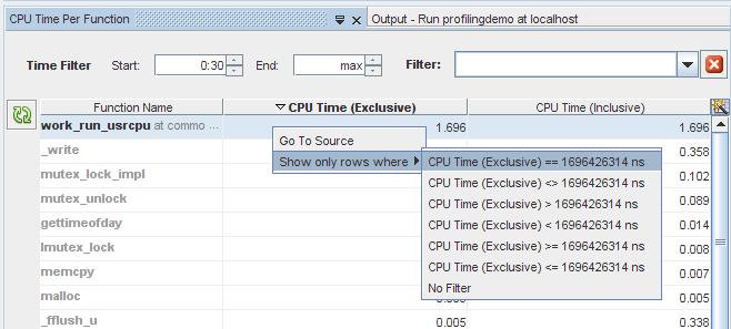 image:「関数あたりの CPU 時間 (CPU Time Per Function)」タブとフィルタリスト