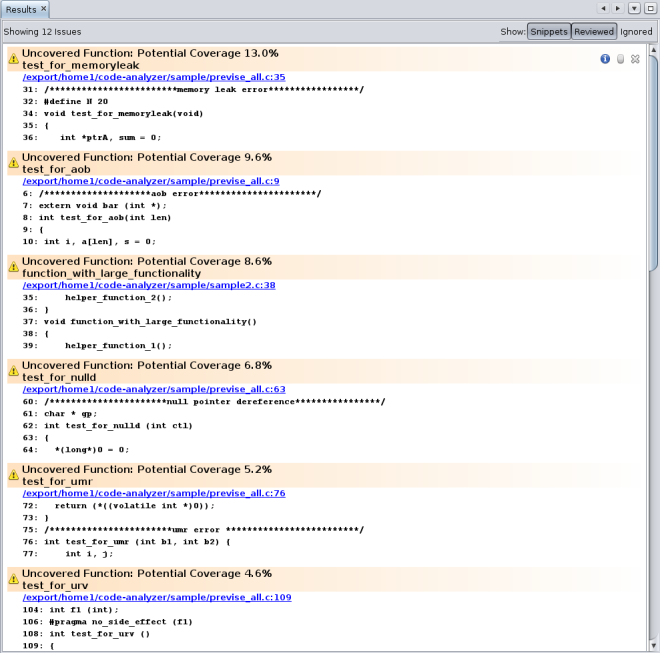 image:いくつかのコードカバレージの問題が表示されたコードアナライザの「結果」タブ