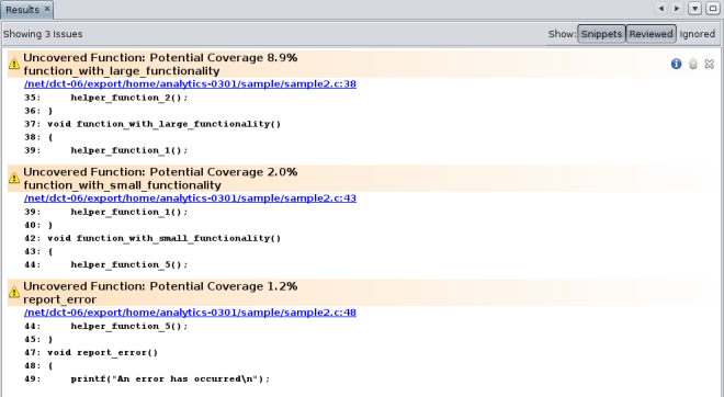 image:sample2.c のコードカバレージエラーが表示されたコードアナライザの「結果」タブ