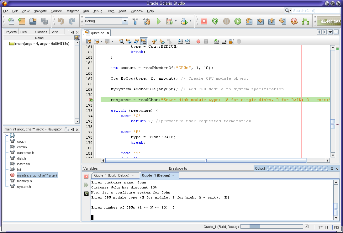 image:正在运行 dbx 调试器的 Oracle Solaris Studio IDE 的屏幕抓图