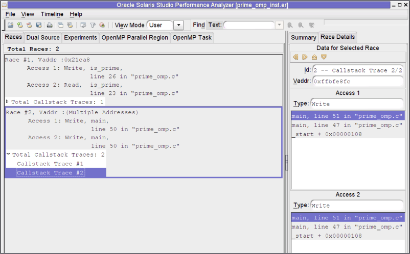 image:线程分析器窗口的屏幕抓图，其中显示的 "Race Details"（争用详细信息）标签包含了 prime_omp.c 中的数据争用的调用堆栈跟踪