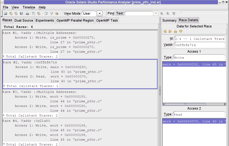 image:线程分析器窗口的屏幕抓图，显示了关于 prime_pthr.c 数据争用的 "Races"（争用）标签