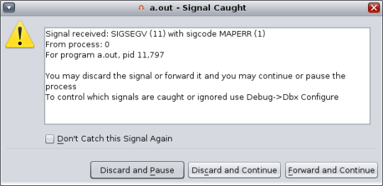 image:显示 SEGV 的 "Signal Caught"（捕获的信号）警报框