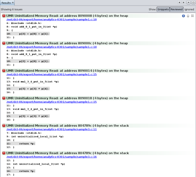 image:显示六个动态内存问题的代码分析器 "Results"（结果）标签