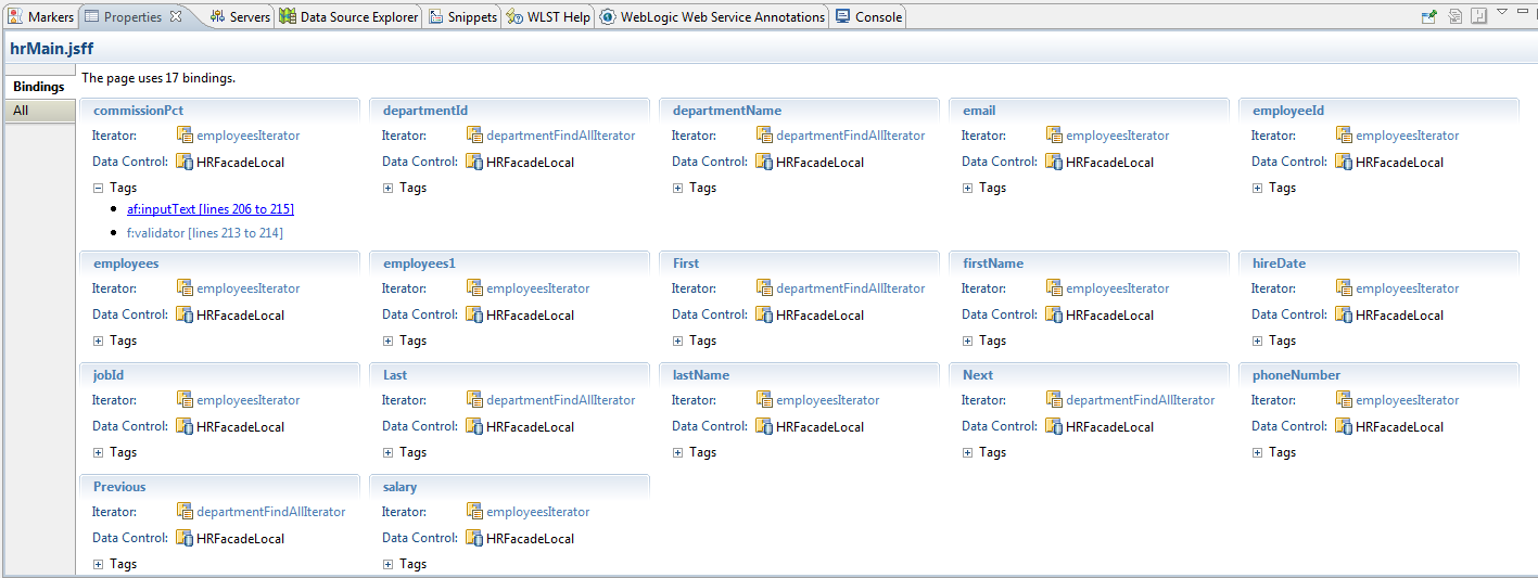 Bindings tab in properties window