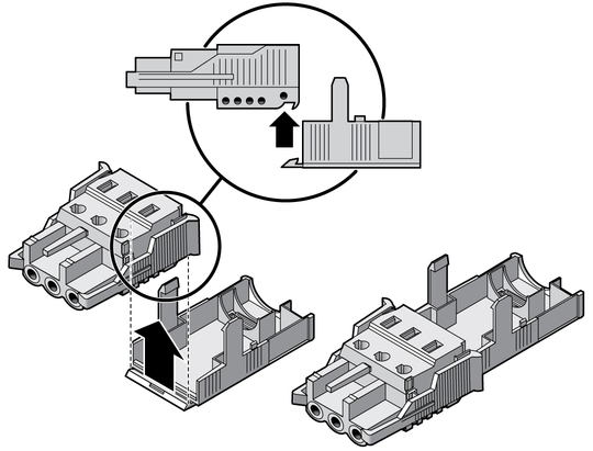 image:A figure showing how to insert the bottom portion of the strain relief housing.