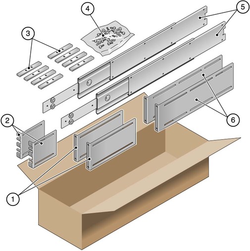 image:Figure showing the contents of the sliding rail 19-inch 4-post kit.
