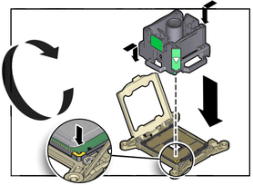 image:The illustration shows lowering the CPU to the socket.