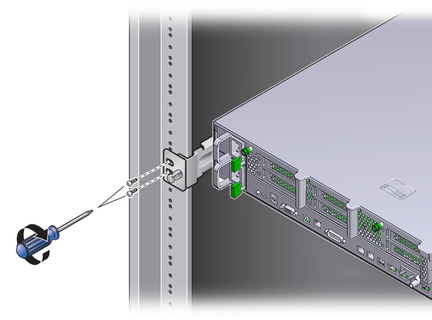 image:Figure showing how to secure the rear of the server into a rack. 