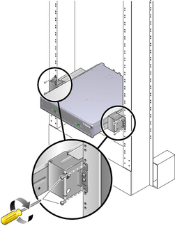 image:Figure showing how to secure the server in the two-post rack.