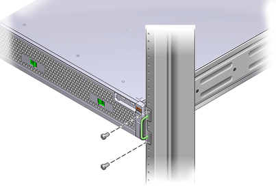 image:Figure showing where to secure the front of the server to the rack.