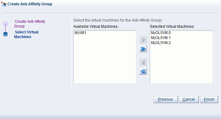 This figure shows the Select Virtual Machines step in the Create Anti-Affinity Group wizard.