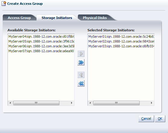 This figure shows the Storage Initiators tab in the Create Access Group dialog box.