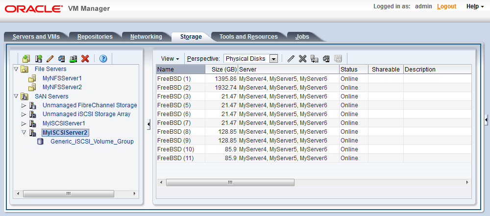 This figure shows the Storage tab with the Physical Disks table displayed in the management pane.