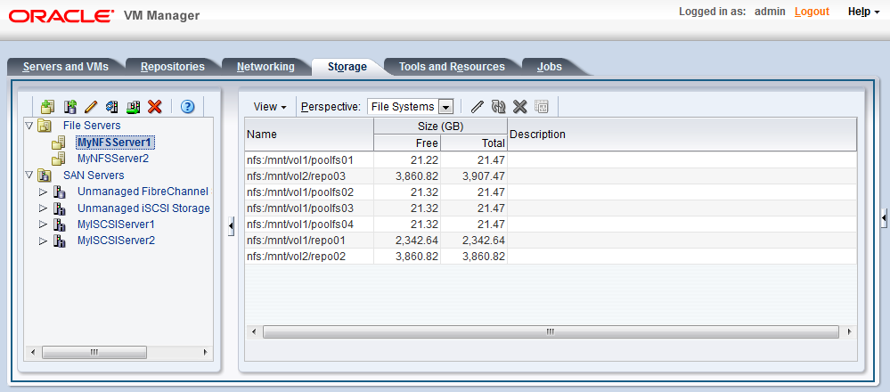 This figure shows the Storage tab with the File Systems perspective displayed in the management pane.