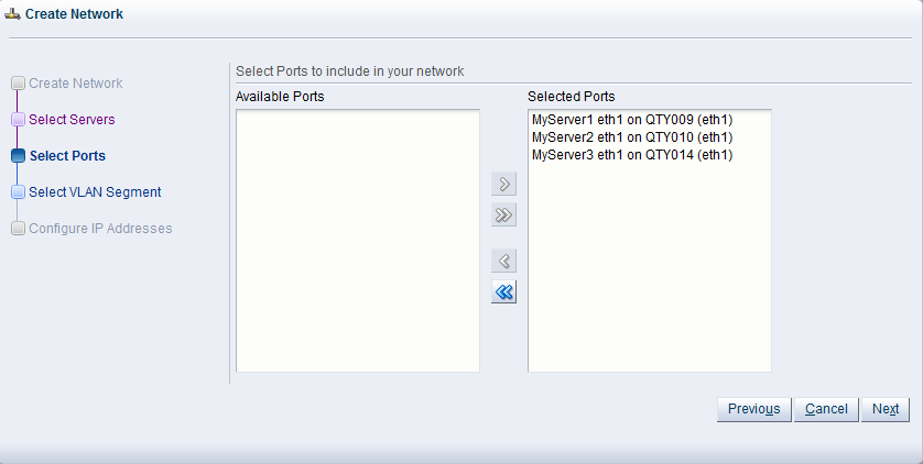 This figure shows the Select Ports step in the Create Network dialog box.