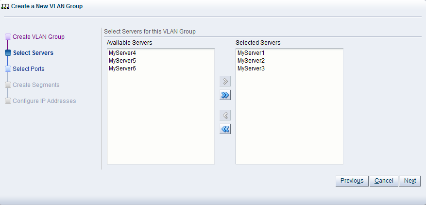This figure shows the Select Servers step in the Create New VLAN Group dialog box.