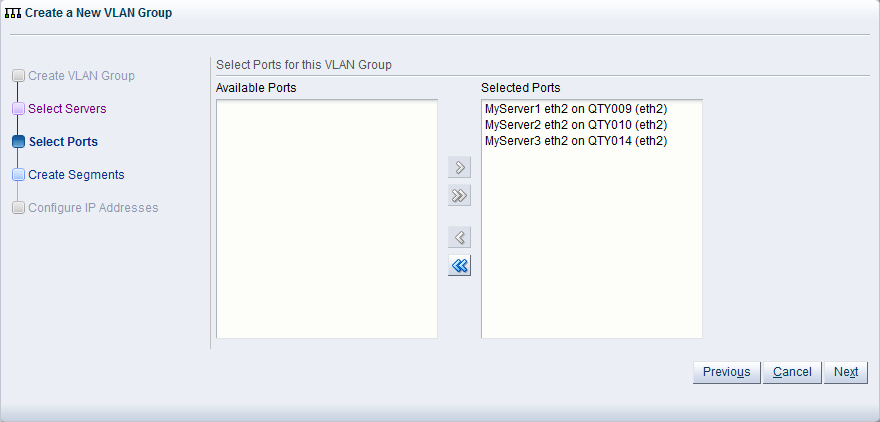 This figure shows the Select Ports step in the Create VLAN Group dialog box.