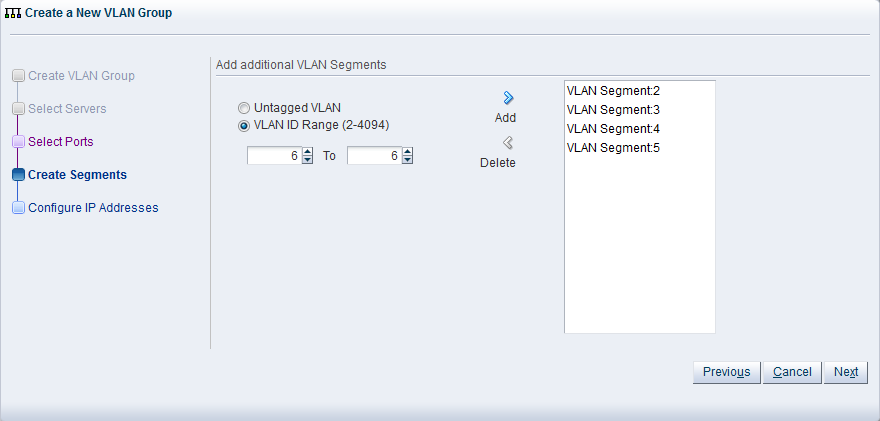 This figure shows the Create Segments step in the Create VLAN Group dialog box.