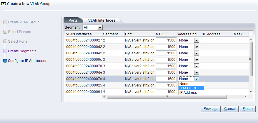 This figure shows the Configure IP Addresses step in the Create VLAN Group dialog box.
