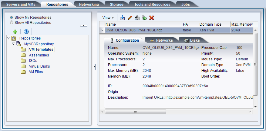 This figure shows the imported virtual machine template in the VM Templates folder in the Repositories tab.