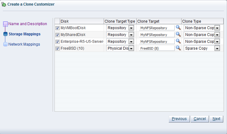 This figure shows the Storage Mappings step of the Create a Clone Customizer wizard.