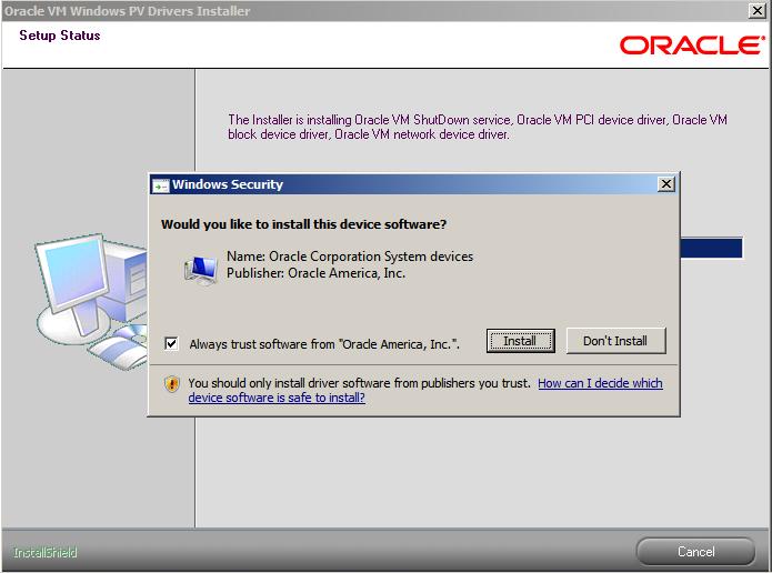 This figure shows the Windows Security window. Check Always trust software from 'Oracle America, Inc.' and Select Install.