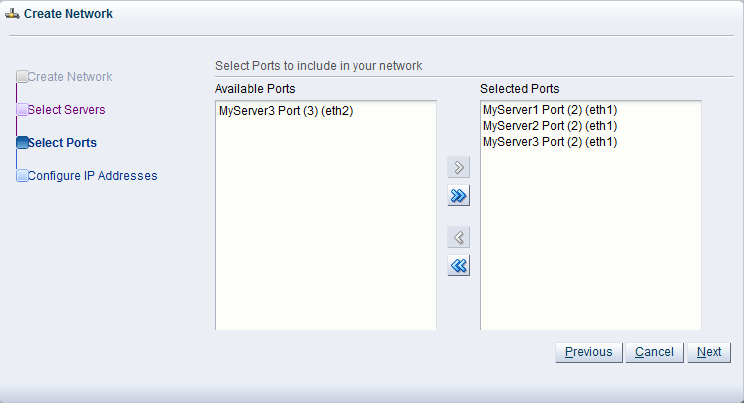 This figure shows the Select Ports step where you select ports to include in your network.