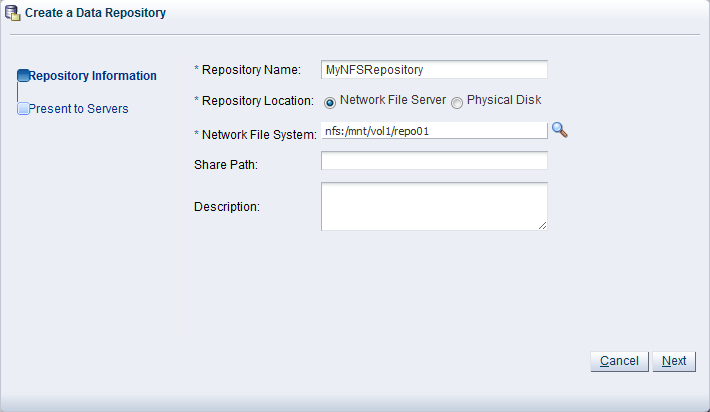 This figure shows the Create a Data Repository dialog box.
