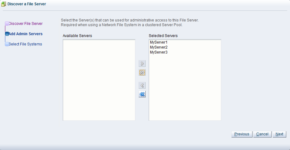 This figure shows the Add Admin Servers step of the Discover a File Servers wizard.