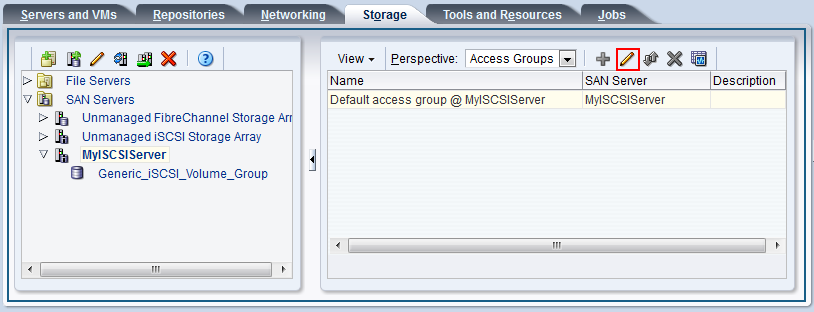 This figure shows the Storage tab with the SAN Servers folder selected and the Access Groups perspective displayed, which lists the default access group.