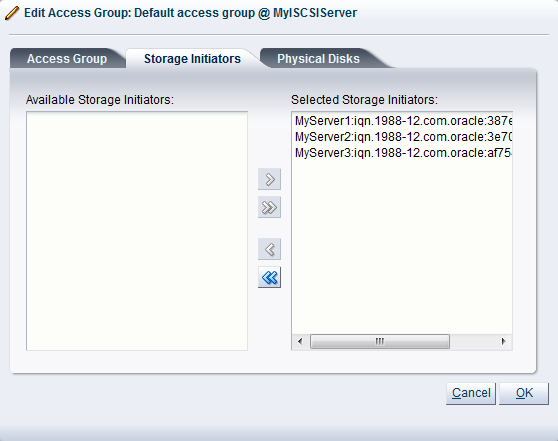 This figure shows the Edit Access Group dialog box with the Storage Initiators added.