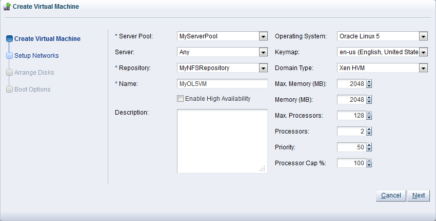 This figure shows the Create Virtual Machine step in the Create Virtual machine wizard.