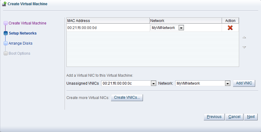 This figure shows the Setup Networks step in the Create Virtual Machine wizard.