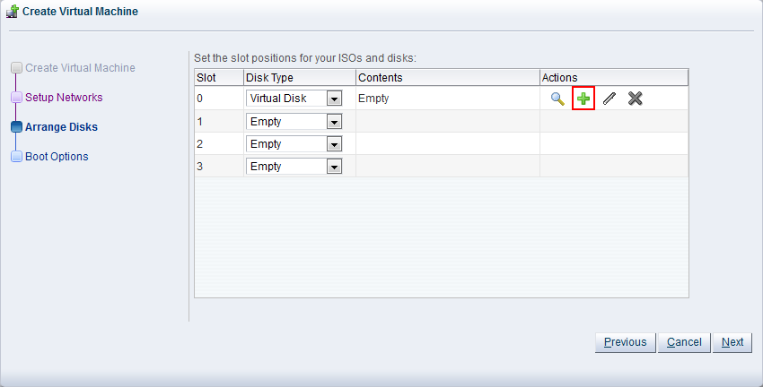 This figure shows the Arrange Disks step in the Create Virtual Machine wizard.